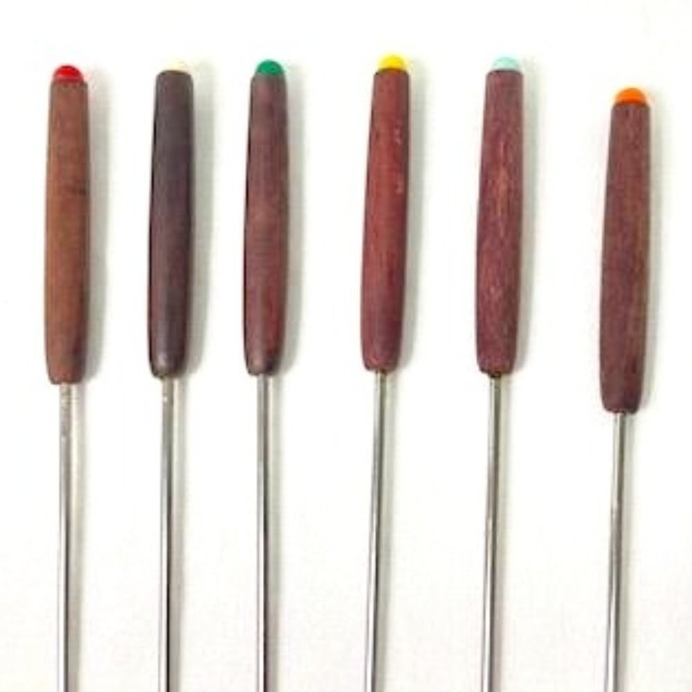 Vtg Fondue Forks Skewers Set of 6 Wood Handle Colored‎ Tips MCM Retro Mod - Picture 2 of 6